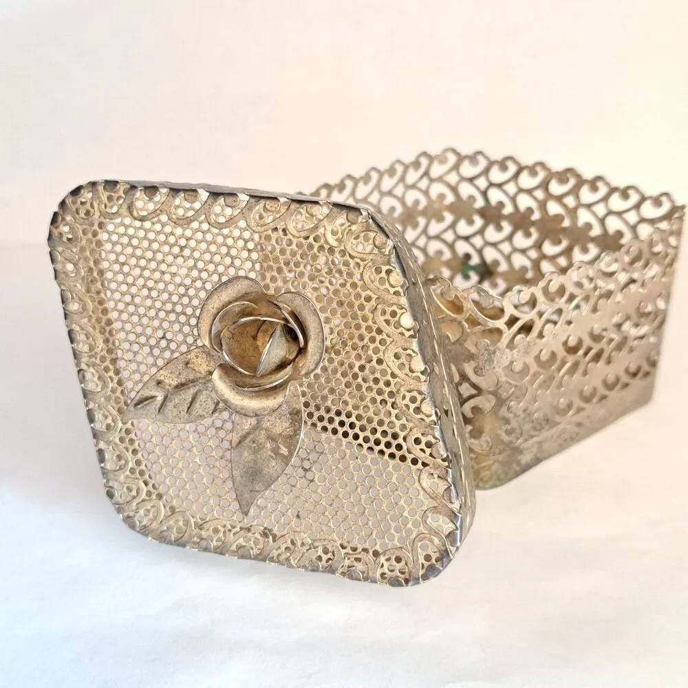 Vintage Metal Box Container Filigree Trinket with Lid and Rose on Top